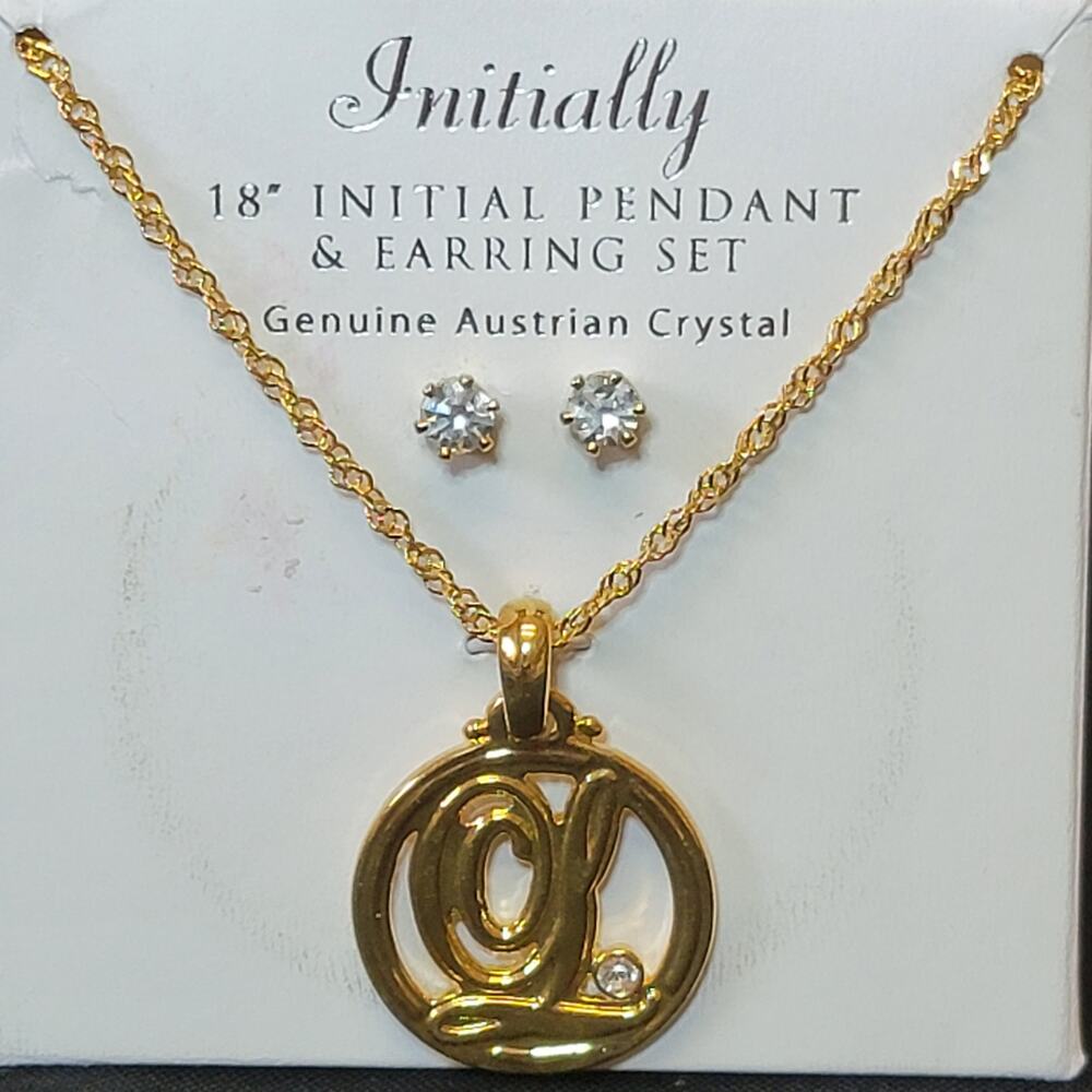 L Initial Earrings Necklace Pendant Set Genuine Austrian‎ Crystal Gold Jewelry